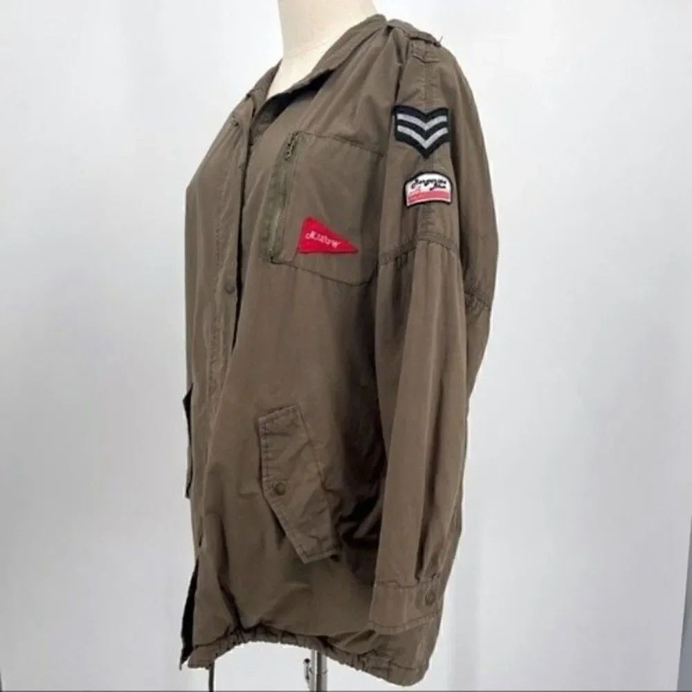 Zara woman olive green long military jacket size small BoxV patches